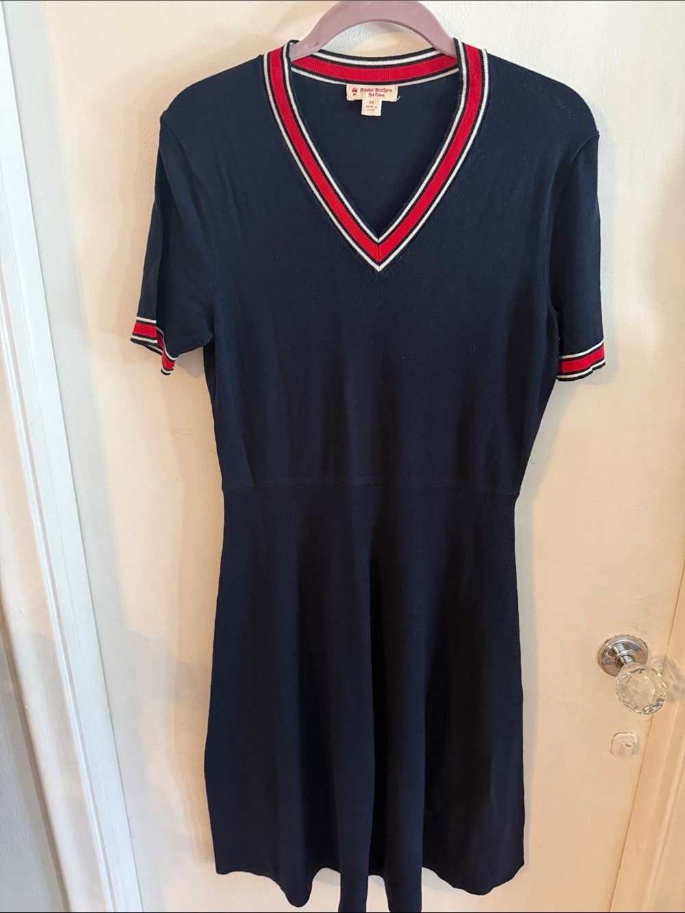 Brooks Brothers Red Fleece Navy Knit V‑Neck Dress with Red Trim